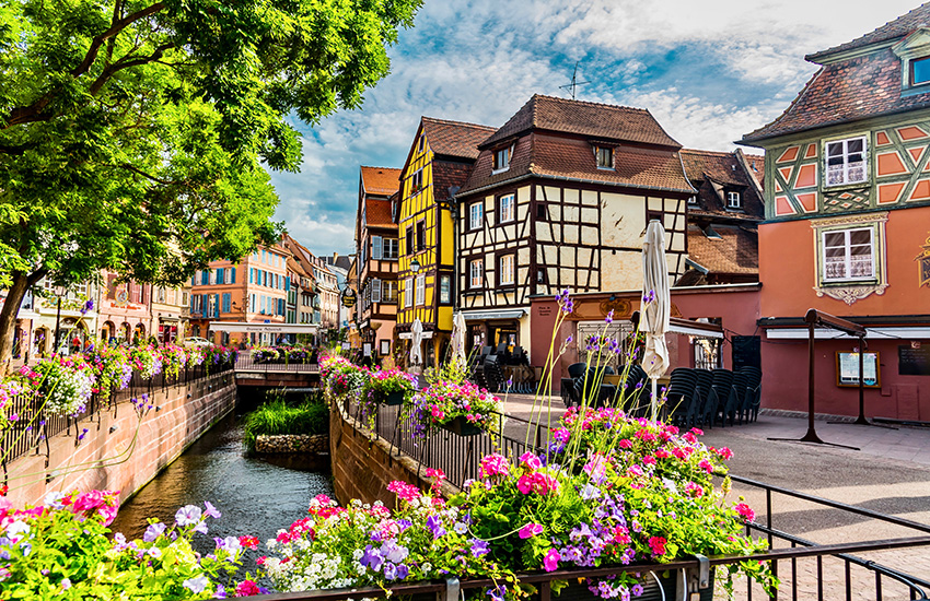 Colorful half-timbered houses and canal in Colmar, France